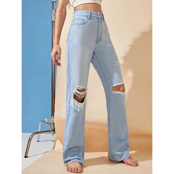 SHEIN High Waist Ripped Frayed Straight Leg Jeans Size Large - Picture 2 of 8